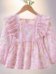 Spring Autumn Floral Girls Shirt Baby Fashionable Korean Style Long Sleeve Cotton Blend Comfortable Breathable Children Clothes