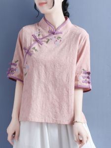 เสื้อเชิ้ตแขนยาวปานกลางผ้าฝ้ายลินินทอลายดอกไม้ ทรงหลวม สไตล์ชา เสื้อเชิ้ตผู้หญิงสไตล์ย้อนยุคฤดูร้อน 2024