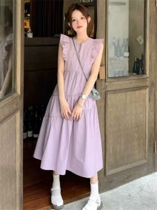 Pastel Purple Womens Dress French Elegant Slimming Summer Long Skirt Puffy Sleeves Comfortable Commute Style mid Waist A-Line