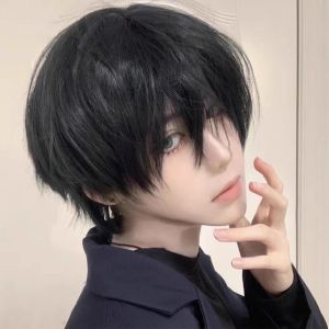 Wig boys short hair is just too ear length mens black universal cos Japanese anime natural full head cover