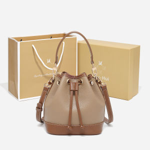 Trendy Womens Crossbody Bag Top Layer Cowhide Leather Handbag Bucket Shape Fashionable Casual Single Shoulder Handle Bag