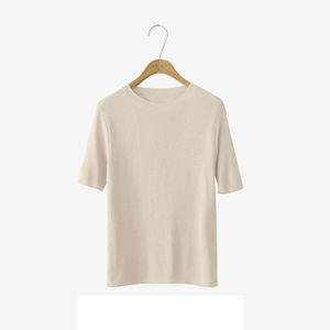 Summer Womens Knitted Ice Silk Short Sleeve Base Shirt Thin Low round Neck Korean Style Commute Pure Color Slim Fit Top