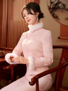 Pink Thickened Fleece Young Style Winter Long Sleeve Cheongsam Elegant Chinese Traditional Dress Polyester Fiber Daily Wear