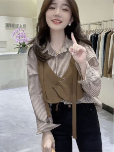 เสื้อเชิ้ตแขนยาวสไตล์เกาหลีสำหรับผู้หญิง ฤดูใบไม้ร่วง 2025 ทรงตรง ลายทาง แฟชั่น ดูดี ไม่ซ้ำใคร เสื้อเชิ้ตผู้หญิง