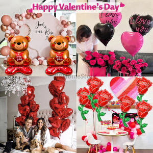 【88HomeStore】1/5Pcs Romantic Heart Foil Balloons Large Bear Decor Balloon Valentines Day Rose Flowers Balloon Birthday Wedding Party Ornament Balloons