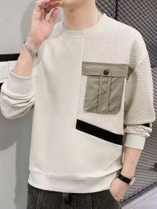 Loose Long Sleeve round Neck Pocket Sweatshirt Mens Fashion Spring Autumn Casual Comfortable Youthful T-Shirt