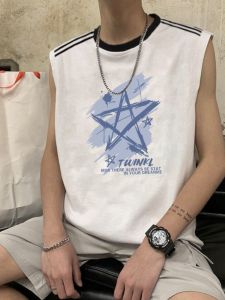 Pure Cotton Oversized Sleeveless Vest Mens Summer Casual Sport High Street Style Printed T-Shirt Anti-Wrinkle Youth Fashion