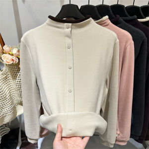 High Quality Color Block Half High Collar Single Button Womens Loose Double Sided Velvet Sweatshirt Base Shirt for Autumn Winter