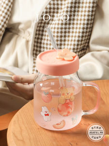 Jojos L PD Banzai Straw Cup with Lid Summer Student Water Cup Children Girls Cartoon Style Glass Material 601mL-700mL Capacity