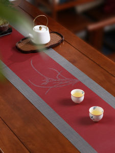 Red Festive Tea Table Flag Zen Style Long Tablecloth TV Cabinet Cover Chinese New Style Dining Table Cloth Plant Floral Pattern