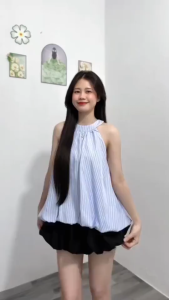 Áo thiết kế mặc hè vintage chất Kate sọc cổ yếm cài nút dáng bí bồng năng động