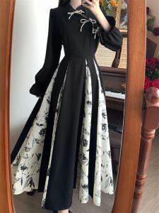 New Chinese Style Elegant Slimming Long Dress High Waist A-Line Silhouette Floral Print Commute Wear
