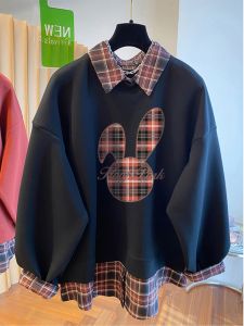 Loose Lazy Style Plaid Patchwork Sweatshirt Womens plus Size Spring Autumn New Arrival Fake Two-Piece Set Casual Comfortable