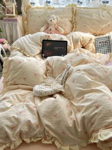 Romantic Lace Washed Cotton Pleated Double Layer Bedding Set  Style Dormitory Bed Sheets Three Piece Set Student Friendly