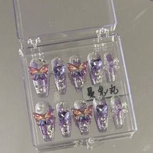 10 Pieces Purple Fantasy Butterfly Fake Nails Heart Diamond Sparkling Nail Art Patch Y2K Spice Girls Handmade Wearable Nails