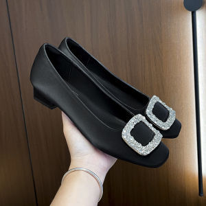 French Rhinestone Buckle Chunky Heel Single Shoes Commute Friendly Comfortable Square Toe mid Heel Fashionable Low Heel