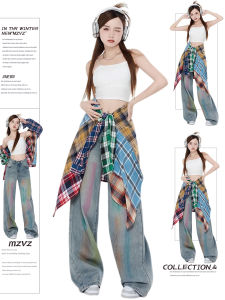 American Style High Waist Wide Leg Jeans Womens Summer Loose Slim Straight Floor Length Graffiti Rainbow Denim Pants