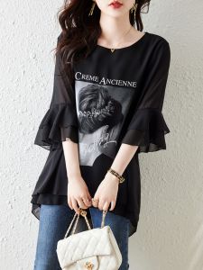 September Momo Summer New Arrival European Goods Loose Mid Length Long Length Chiffon Shirt Womens Plus Size Slim Looking Versatile Half-Length Sleeve Top Tide