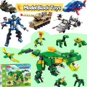 Kids 6 IN1 Military Building Blocks Toys Educational Compatible Car Brick Toy for Boys Dinosaur/SWAT/Train/Robot
