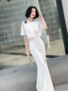 ชุดราตรีสีขาวหรูหรา ยาวคลุมเข่า เดรสยาวเซ็กซี่ ชุดราตรีสุดหรู ชุดราตรียาว ดีไซน์เก๋ไก๋สำหรับใส่ไปงานปาร์ตี้