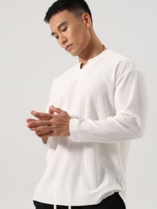 American Fashion Brand V Neck Ruched Drape Long Sleeves T-shirt Mens Fall and Winter Plus Size Loose Leisure Sports Workout Bottoming Clothes