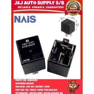 ACB13202 JAPAN NAIS SMALL SIZE RELAY 24V 40AMP 5PIN (CB1-24V) FOR USE ON: TRUCK ISUZU NPR PRONLRELFMITSUBISHI CANTER FUSO HINO DUTRONISSAN UD