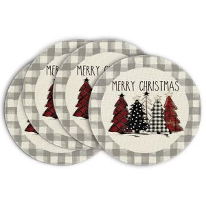 Tấm Lót Bàn Tròn Hình Cây Thông Noel Kẻ Sọc Màu Xám VIKAMA Chất Liệu Polyester Không Dệt 100% Dùng Trang Trí Bàn Ăn Tiệc Lễ Hội Phụ Kiện Nhà Bếp.