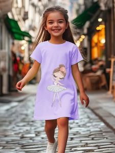 Summer girls comfortable casual dress dancing girl print fashionable T-shirt skirt soft and breathable childrens clothing