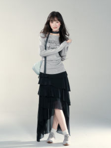 YIKEXIAOYEMEI | Chân Váy A-Line Đen Cao Waist Không Đối Xứng