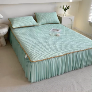 3 IN 1 Cooling Bed Seet With Skrit Ice Silk Bedding Set (Lace Sheet + Pillowcases) For Summer Single Double King Bed
