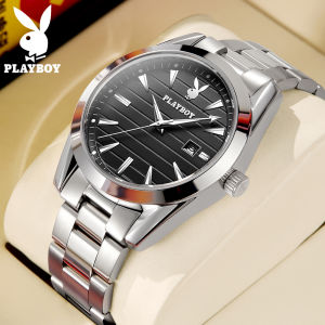 2024 นาฬิกาผู้ชาย Playboy ดั้งเดิมของผู้ชาย การเปลี่ยนแปลงเนื้อหากันเรียบง่าย ปฏิทินสแตนเลสสายเหล็กนาฬิกาควอทซ์