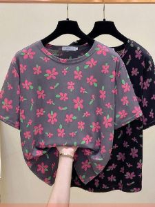 เสื้อยืดแขนสั้นผ้าฝ้ายไซส์ใหญ่สำหรับผู้หญิง ฤดูร้อน 2025 สไตล์เกาหลี หลวมๆ กระชับสัดส่วน ลายพิมพ์เรียบง่าย เสื้อยืดผู้หญิง