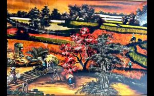 ( Tặng kèm khung) Tranh sơn mài - ĐỒNG QUÊ Việt Nam - Nền dát vàng hàng xuất khẩu size 60x120 cm