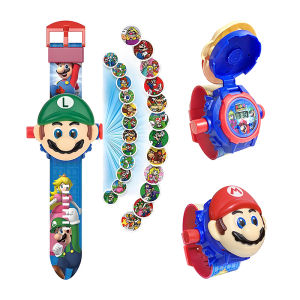 Mario Projector Watch Electronic Clock 24 Projection Patterns Kids Toy Gift Luigi Clamshell Watch Children Digital Wristwatch