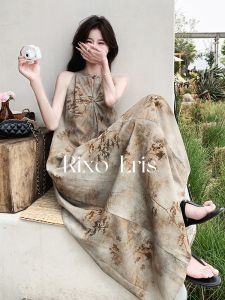 RIXO LRIS Long Summer Midi Dress Womens Sleeveless Water-Media Print Maxi Dress Vacation Beachwear Versatile Fashionable