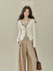 OUYANGXI | Áo Thun Dài Tay Cho Nữ V-Neck Giả Hai Mảnh Với Cổ Ruffle