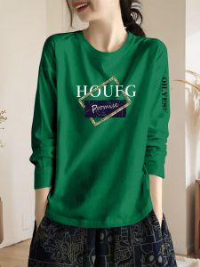 Green Long-Sleeved T-Shirt Womens Spring & Fall New round Neck Loose Plus Size Plus Size Ladies Covering Belly Thin Bottoming Shirt K-style Tops