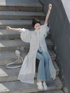 French Hollow out Knitted Thin Long Sleeveless Split Summer Top Womens Vacation Style Overlap Shirt V-neck Single Button Closure