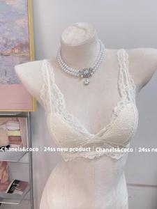 French Lace Inner Wear Bra Top Thin Backless Strap Design Girls Underwear V-Neck Style No Steel Ring Three Quarter Cup