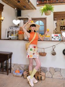 Váy Ngắn in Hình Trái Cây Cổ Điển Mỹ NASA Cạp Cao Màu Vàng Cho Nữ Mùa Thu 2024 Váy Chữ a Polyester Trang Phục Công Sở