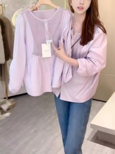 plus Size Purple Long Sleeve Shirt Womens Loose Fit Outerwear White Enhancing Korean Style Commute Shirt Belly Concealing Slimming Top