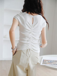 White Ice Silk Knitted Top Womens T-shirt Spring Summer New Style Slimming Design Hollow out Drawstring Flying Sleeve Shirt