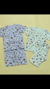 KiddeeCrew ชุดนอนเด็กแขนขาสั้น ผ้าcotton สีฟ้าพิมพ์ลายไดโนเสาร์ เหมาะอายุ1ปีถึง12 ปี