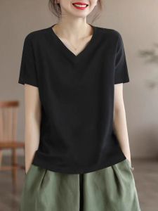 Pure Cotton Short Sleeve T-Shirt Womens Summer Loose Large Size Solid V-neck Anti-aging Belly Covering Base Layer Top