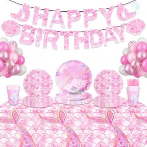 GeeParty Pink Mermaid Tail Disposable Paper Tableware Set for Kids Girl Mermaid Theme Birthday Party Supplies