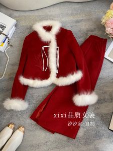 Elegant Chinese Embroidery down Jacket Set Womens Winter Fashion High-end Two-piece Suit Woolen Long Skirt Stand Collar