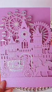 ปราสาทหรูหราเลเซอร์ตัดป๊อปอัพฟอยล์สีทองการ์ดอวยพรเชิญงานแต่งงาน