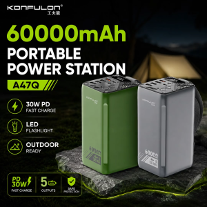 KONFULON A47Q 60000mAh Power Bank 30W PD Fast Charging Portable Power Station LED Flashlight 5 Outputs Dual Type-C Input