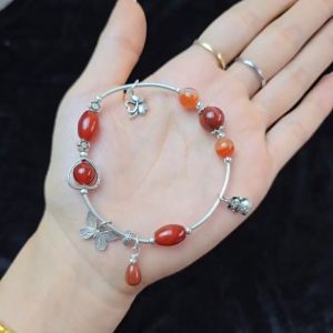 Lắc bạc Đá thiên nhiên mix lu thống Ngọc Agate Đỏ cho mệnh Hoả và Thổ - Phong Thuỷ TUDO