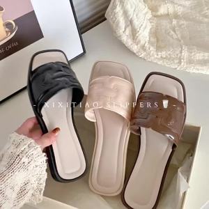 WEIYI-XXT Creative Personality Soft Flat Bottom Square Toe Beach Slippers